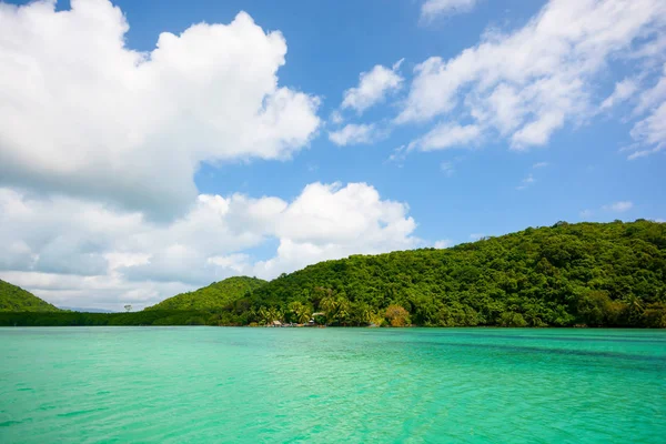 GREEN NATURAL ISLAND IN OCEAN , BLUE SKY CLOUD BACKGROUND