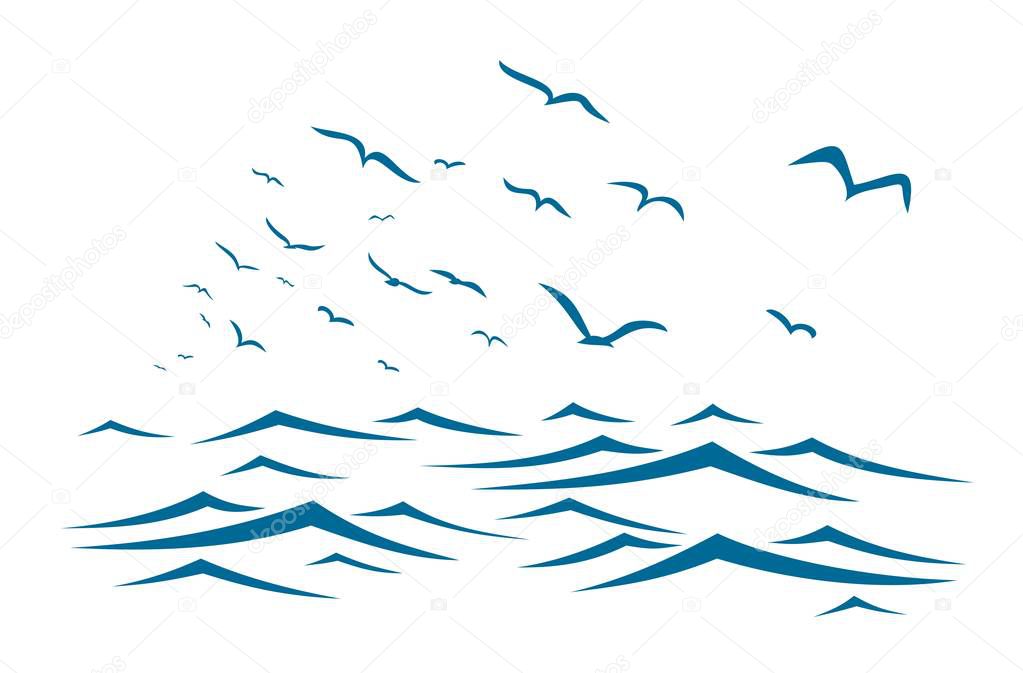The blue sea with flock of birds.