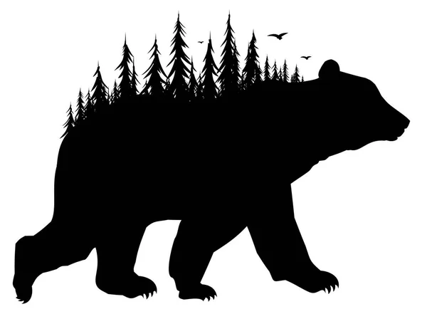 Silhouette Orso Con Foresta — Vettoriale Stock