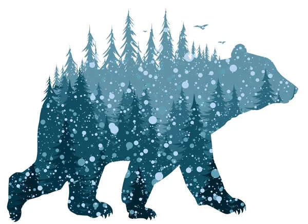 冬の森と鳥の野生のクマのシルエット — ストックベクタ