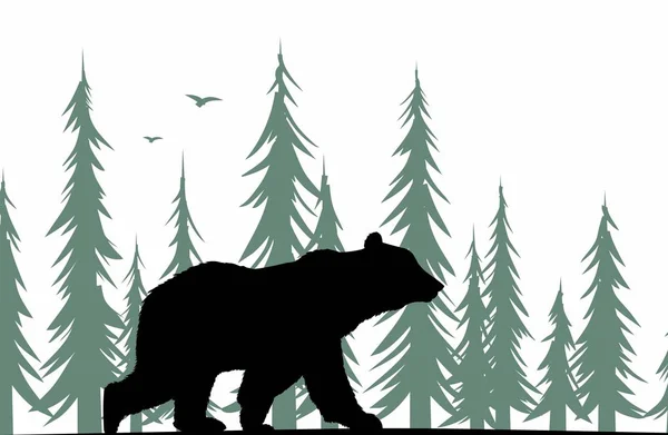 Silhouette Orso Con Foresta — Vettoriale Stock