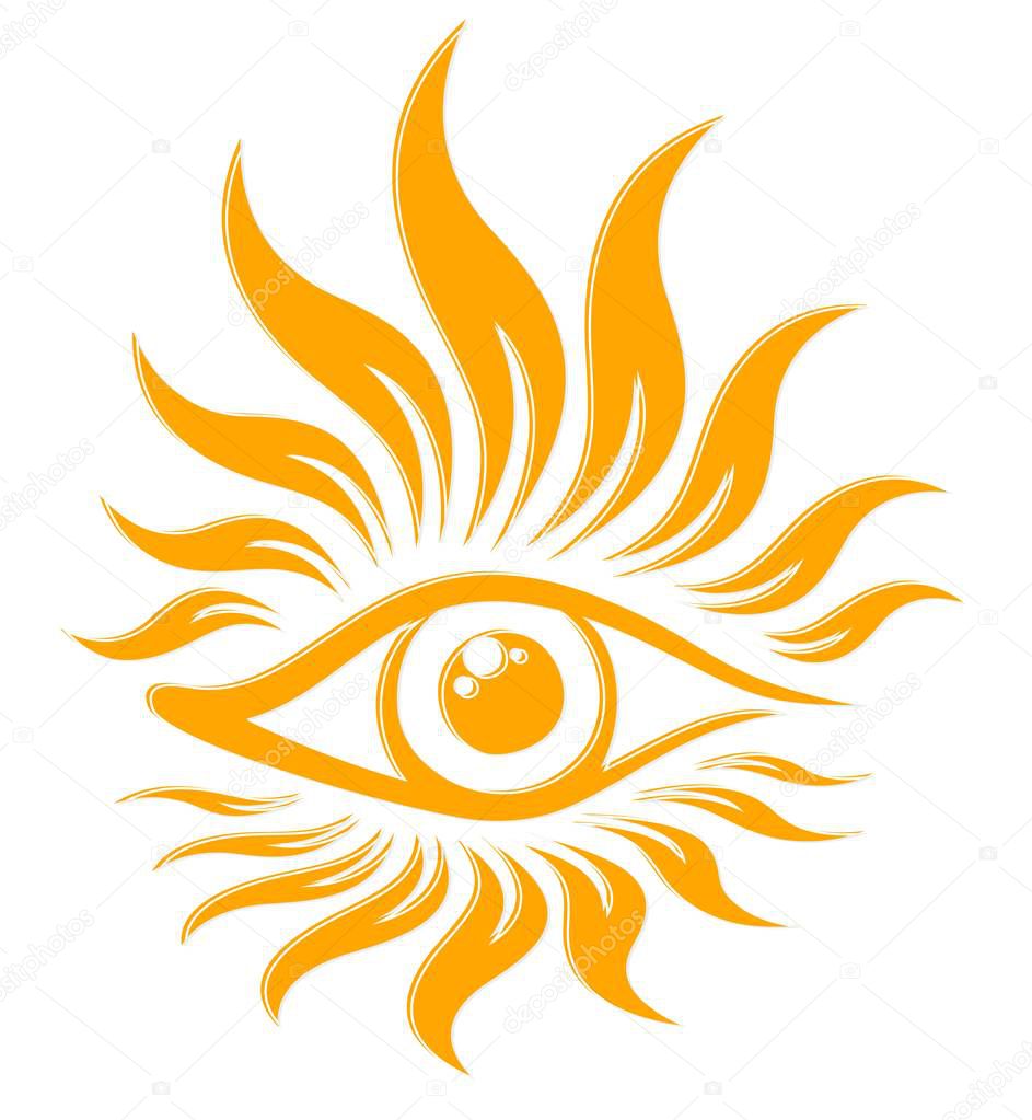 A symbol of the sun with beams and eye.