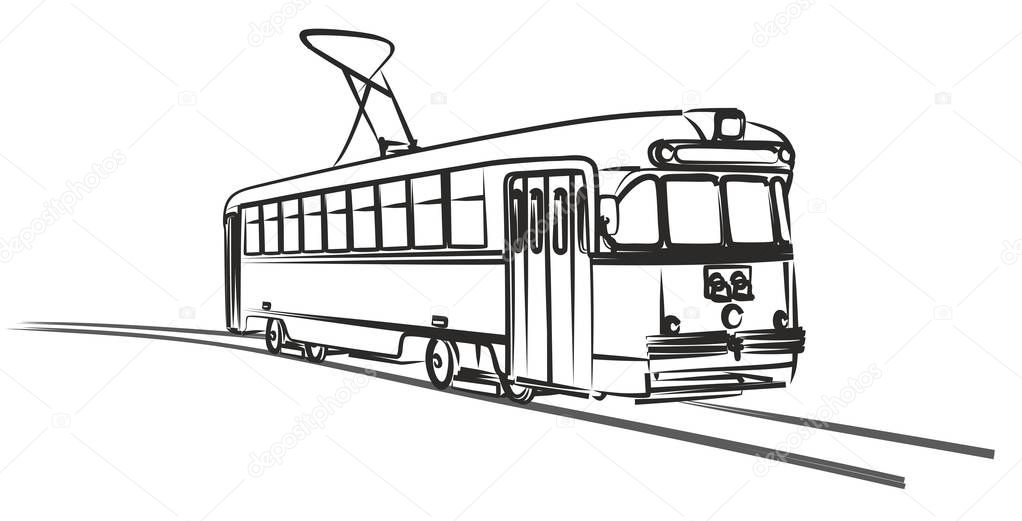 Sketch of an old retro of the city tram.