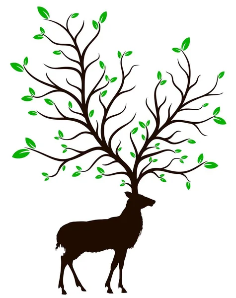 Силует Дикого Оленя Великим Зеленим Деревом — стоковий вектор