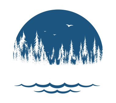 The Coniferous forest symbol with lake and birds.