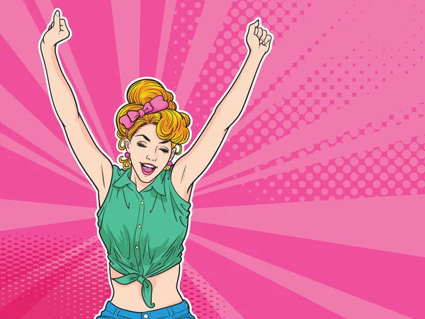 女人手起来是快乐的点背景流行艺术漫画风格 — 图库矢量图片