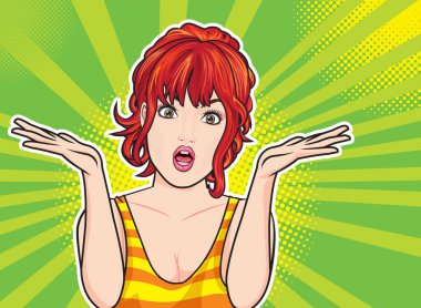 Genç kadın onun el ve omuz shrugging Pop art retro vektör çizim vintage tarzı tarafından yayıldı