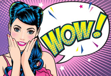 sürpriz kadın yüz nokta arka plan pop sanat çizgi roman tarzı ile Pembe dudakları ile açık ağızlı.