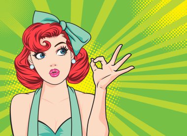 Kadın iyi jest eylem nokta arka plan pop sanat çizgi roman tarzı ile.