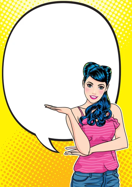 Smiling Woman Gesture Presenting Something Dot Background Pop Art Comics — Stock Vector