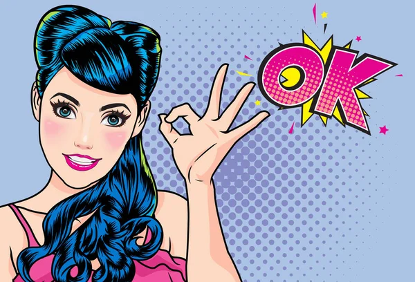 Woman Okay Gesture Action Wow Dot Background Pop Art Comics — Stock Vector