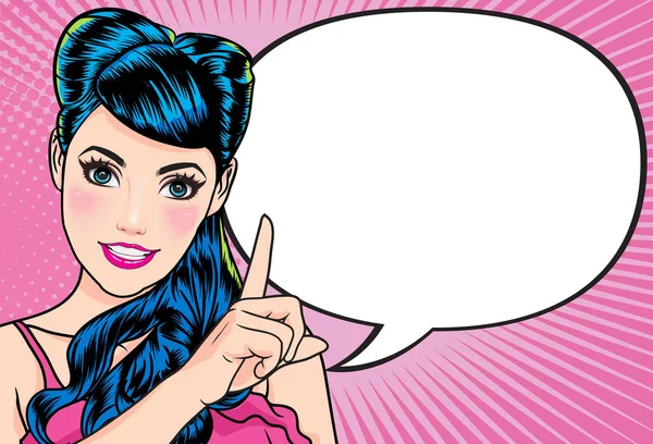 jest kadın işaret parmağı bir şey Pop art retro çizgi roman karikatür pop sanat çizgi roman tarzı sunmak.