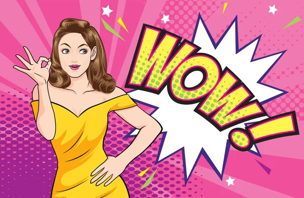 Frau Okay Geste Aktion Mit Wow Dot Hintergrund Pop Art — Stockvektor