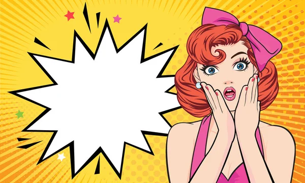 Zaskoczony Woman Twarz Otwartymi Ustami Różowe Usta Stylu Komiksy Dot — Wektor stockowy