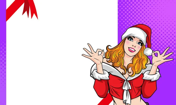 Santa Frau Zeigt Okay Geste Aktion Mit Hintergrund Pop Art — Stockvektor