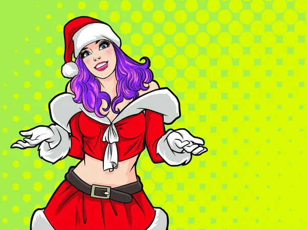 笑顔サンタ女性ジェスチャー ドット背景ポップなアート コミック スタイルで何かを提示 — ストックベクタ