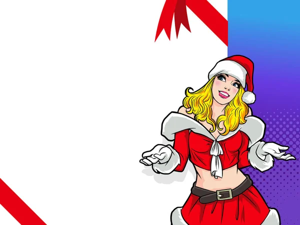 Улыбающаяся Санта Женщина Жест Представляя Точечным Фоном Поп Арт Комикс — стоковый вектор