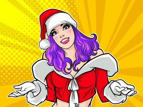 笑顔サンタ女性ジェスチャー ドット背景ポップなアート コミック スタイルで何かを提示 — ストックベクタ