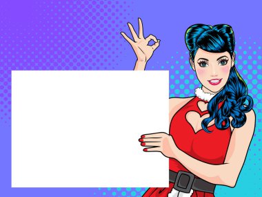 Komik kabarcık ve nokta arka plan pop sanat çizgi roman tarzı ile gösterilen sevimli Noel Baba kadın.