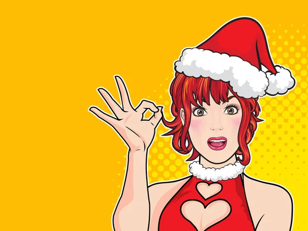 Ładna Kobieta Santa Wyświetlono Komiks Bańki Kropka Tło Pop Artu — Wektor stockowy