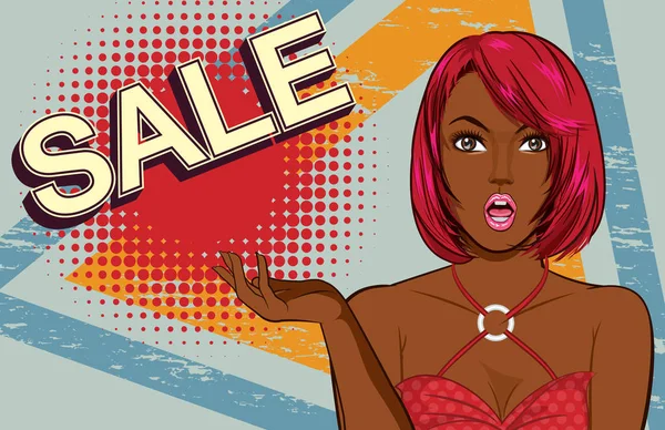 Überraschte schwarze Frau und Promotion-Verkauf — Stockvektor