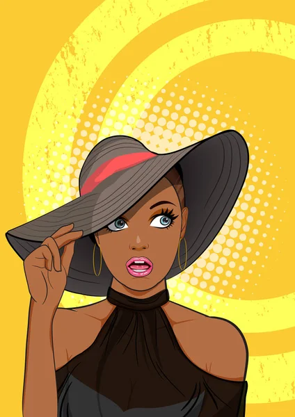 Sorprendido negro mujer con sombrero buscando algo — Vector de stock