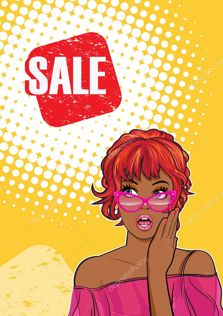 surprised black woman looking at sale