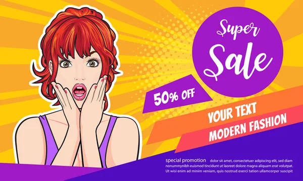 satış promosyon afişi ile açık ağız ile sürpriz kadın yüz