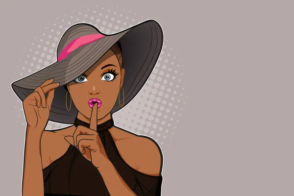 Femme noire garder un silence avec son chapeau — Image vectorielle