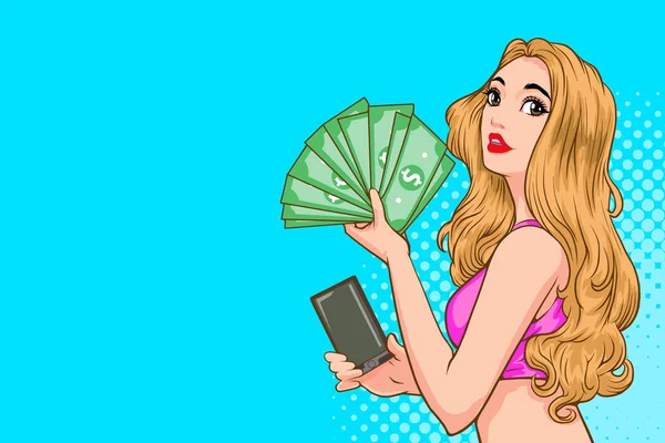 Vrouw die geld en smartphone vasthoudt — Stockvector
