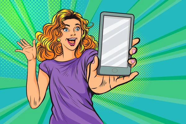 Femme surprise avec smartphone — Image vectorielle