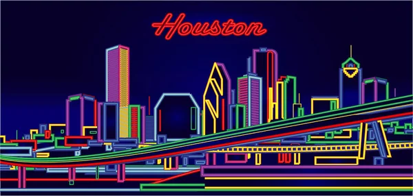 Houston Texas Neon Signs Night Skyline — Stock Vector