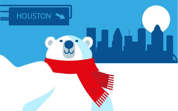 Houston Texas Usa Winter Skyline Polar Bear Cartoon Character — Stock Vector
