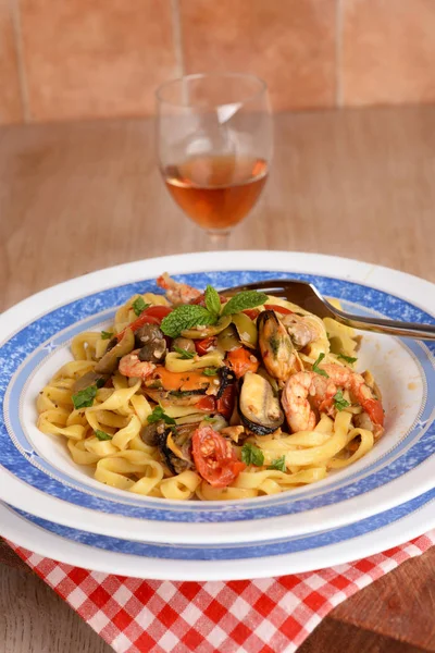 Plate of fettuccine with mussels, clams and shrimp fish