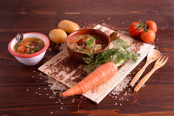 Soupe Riz Aux Légumes Céréales Légumes Sur Bols Céramique — Photo