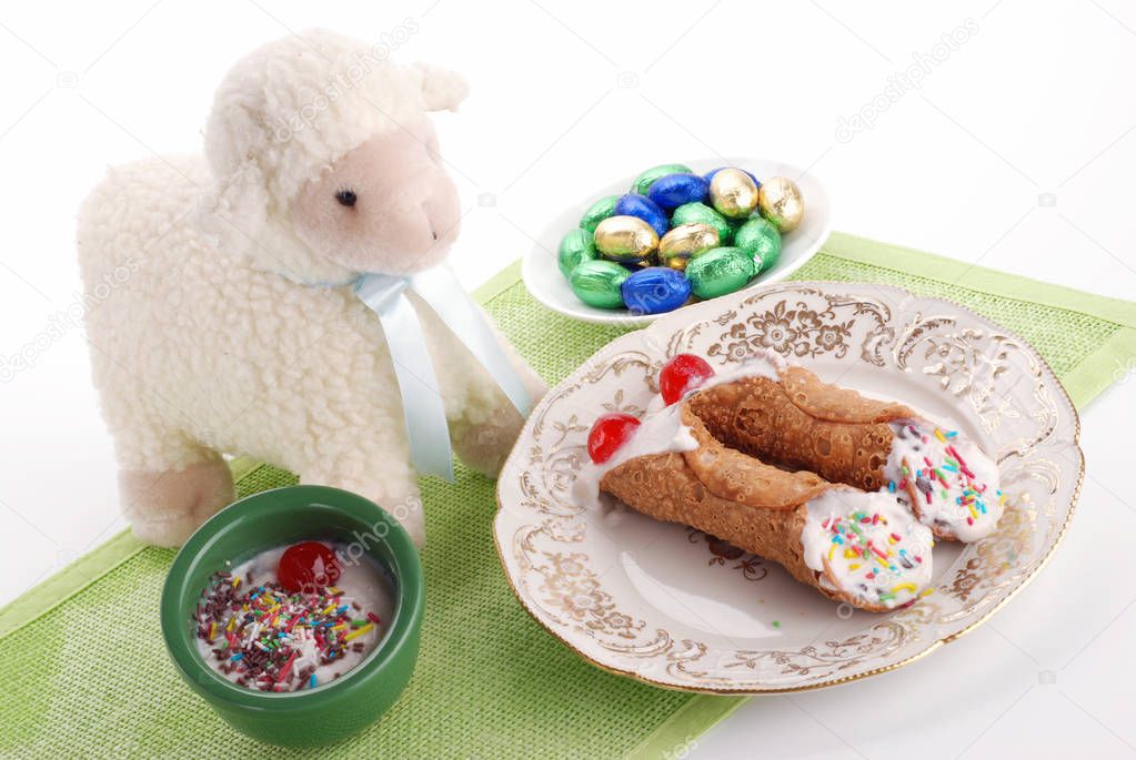Ovette bowls of chocolate and ricotta cannoli for easter