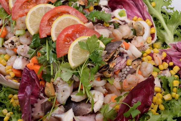 Deniz ürünleri salatası ile Tepsi — Stok fotoğraf