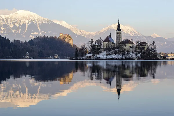 Bled Panoraması Gölü ile kilise San Martino Slovenya