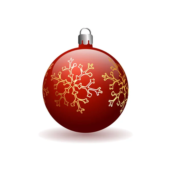 Kırmızı Noel top ile altın kar tanesi. Beyaz bir arka planda bir gölge ile izole. Üç boyutlu top.