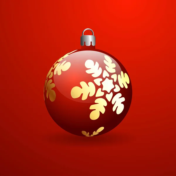 Palla Natale Rossa Con Fiocco Neve Dorato Sfondo Rosso Con — Vettoriale Stock