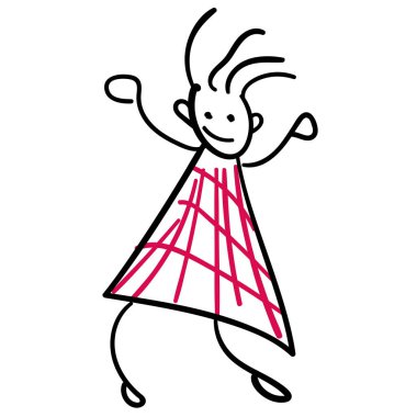 Elbiseli kız. Çocuk çizim stili. Vektör çizim. Beyaz bir arka plan üzerinde çizim anahat.