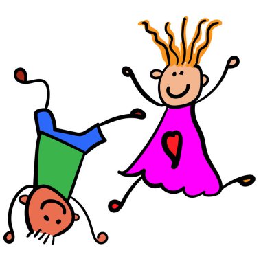 Çocuk oyun - erkeğin başına duran ve bir kız ona doğru çalışıyor... Çocuk çizim stili. Vektör çizim. İzole beyaz arka plan.