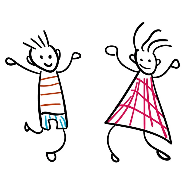 Mädchen Und Junge Stil Von Kinderzeichnungen Vektorillustration Umrisszeichnung Auf Weißem — Stockvektor