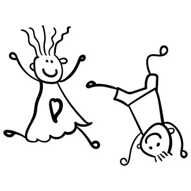 Çocuk oyun - erkeğin başına duran ve bir kız ona doğru çalışıyor... Çocuk çizim stili. Vektör çizim. Beyaz bir arka plan üzerinde çizim anahat.