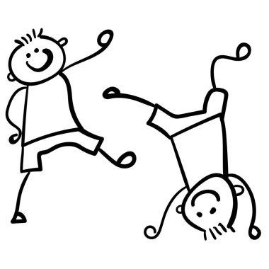 Oynayan iki çocuk - bir kafasına standları ve ikinci ona gider. Çocuk çizim stili. Vektör çizim. Beyaz bir arka plan üzerinde çizim anahat.