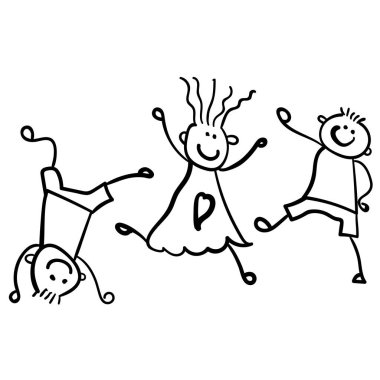 Üç oyun çocuklar. Çocuk çizim stili. Vektör çizim. Beyaz bir arka plan üzerinde çizim anahat.