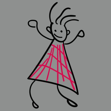 Elbiseli kız. Çocuk çizim stili. Vektör çizim. Gri bir arka plan üzerinde çizim anahat.