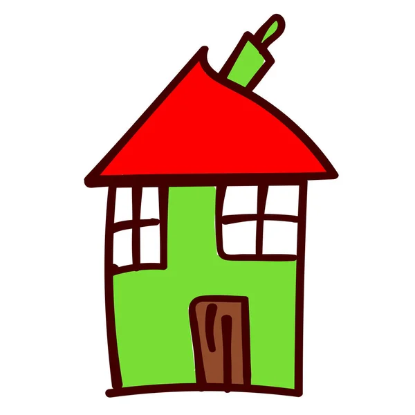 Grünes Schiefes Haus Stil Der Kinderzeichnung Vektorillustration Isolierter Weißer Hintergrund — Stockvektor