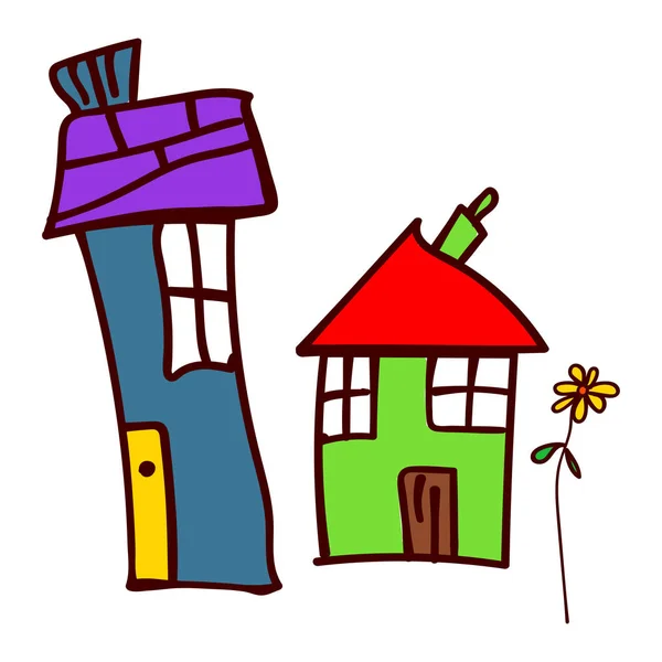 Dos Casas Flores Estilo Dibujos Infantiles Ilustración Vectorial Fondo Blanco — Archivo Imágenes Vectoriales