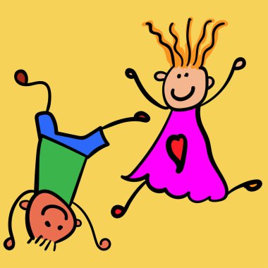 Çocuk oyun - erkeğin başına duran ve bir kız ona doğru çalışıyor. Çocuk çizim stili. Vektör çizim. Sarı arka plan.